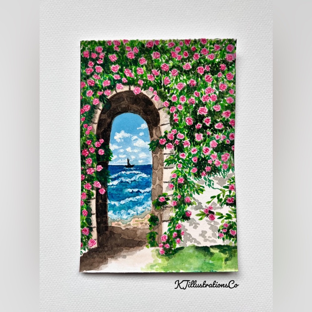 Original watercolor painting |  Floral scenic gateway | 4"x 6" | Wall decor